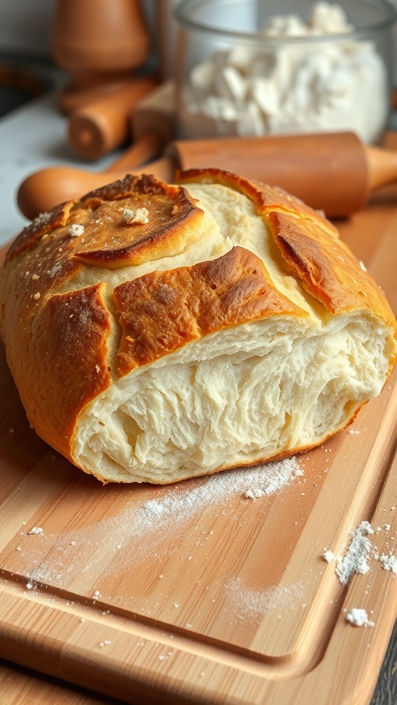 Crusty Bread Hoodie Recipe A golden-brown crusty bread loaf on a wooden board, showcasing its soft interior.